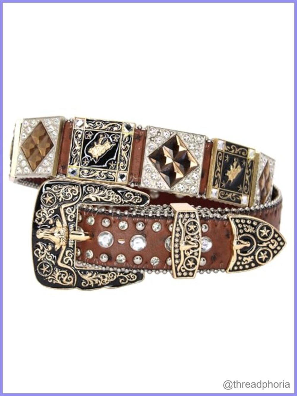 Genuine Leather Rhinestone Western Belt Engraved Buckle